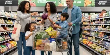 Family grocery shopping with full cart, symbolizing increased SNAP benefits.