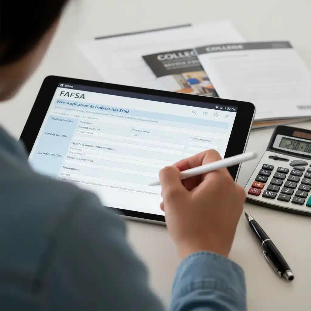 Hand filling out 2026 FAFSA form on a tablet, calculating financial aid