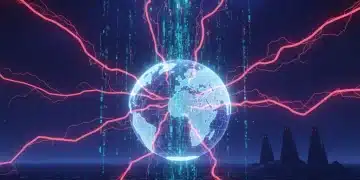 Digital representation of global cyber threats and foreign actor attacks on national security infrastructure.