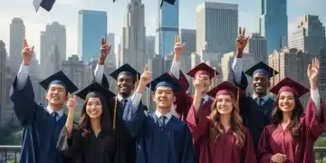 Graduates celebrating with a cityscape background, representing success in the 2026 job market.