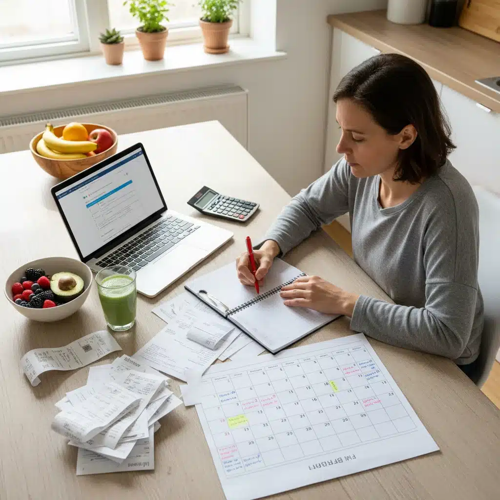 Person reviewing household budget and financial documents.