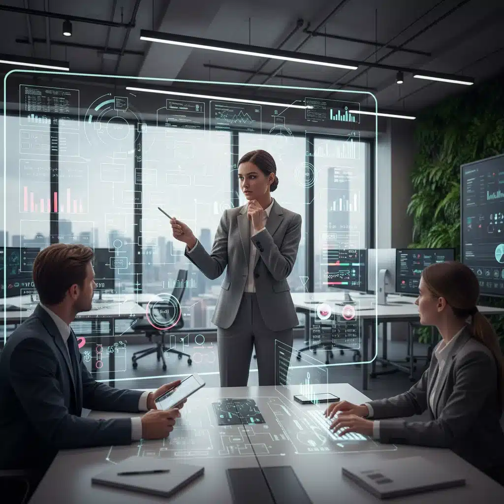 Professional collaborating in a modern office, showcasing advanced skills.