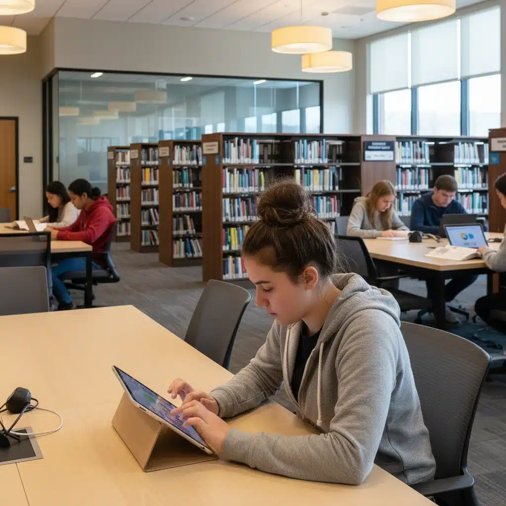 Student using technology in a modern school library, benefiting from education grants.