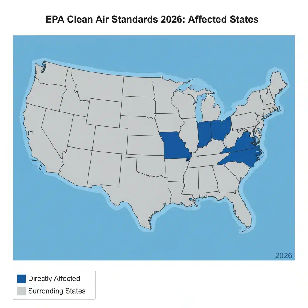 Map of the United States highlighting 20 states affected by the 2026 EPA Clean Air Standards.