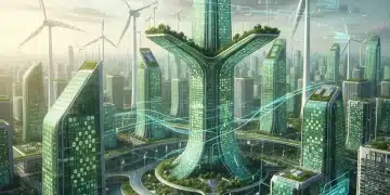 Futuristic green city with renewable energy and digital overlays representing 2026 environmental regulations and sustainable business practices.