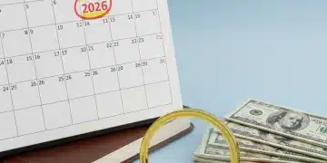 Calendar highlighting 2026 with Medicare documents and money, symbolizing future healthcare costs.