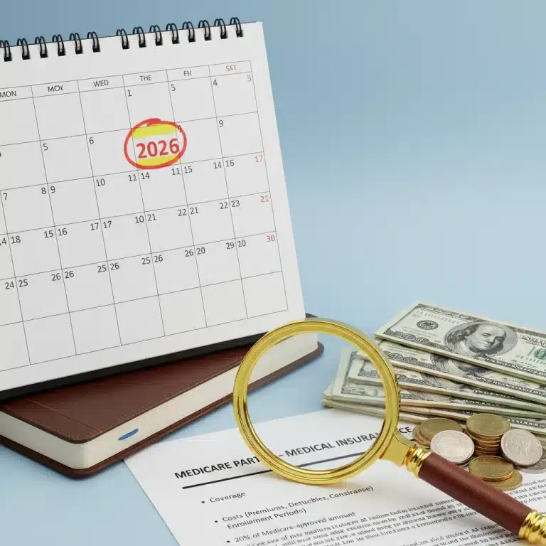 Calendar highlighting 2026 with Medicare documents and money, symbolizing future healthcare costs.