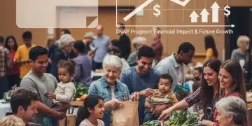 Diverse individuals and families engaging with food assistance programs, with 2026 calendar and financial growth overlay.