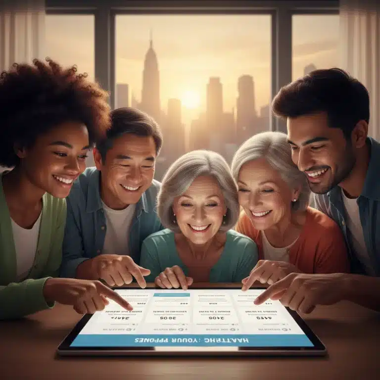 Diverse individuals accessing ACA health insurance information on a tablet, symbolizing affordable healthcare.