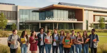 Students walking towards a modern university building, symbolizing affordable higher education opportunities.