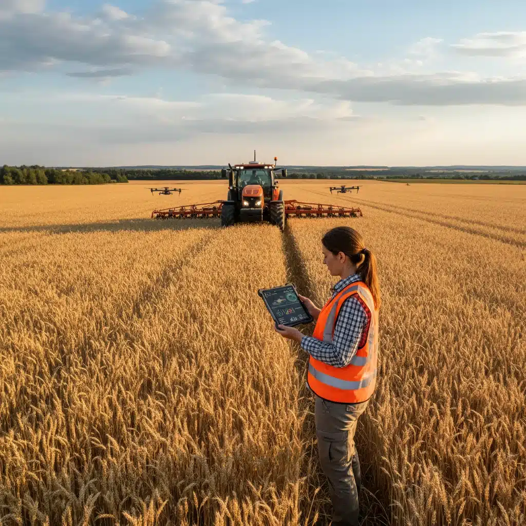 Agricultural engineer monitoring autonomous farming equipment in a field.