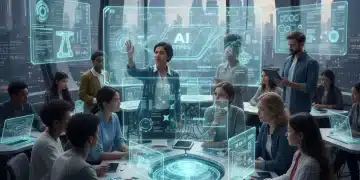 Students and teachers collaborating with AI holographic projections in a modern classroom, symbolizing critical thinking development.