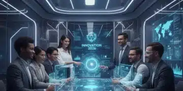 AI Job Market 2026: Essential Strategies for U.S. Professionals Professionals interacting with AI in a futuristic office, symbolizing the evolving AI job market.