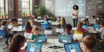 Students learning with AI tutoring technology in a modern classroom.