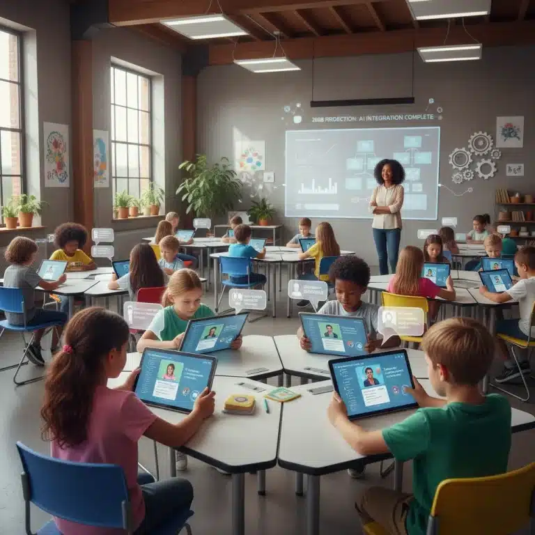 Students learning with AI tutoring technology in a modern classroom.