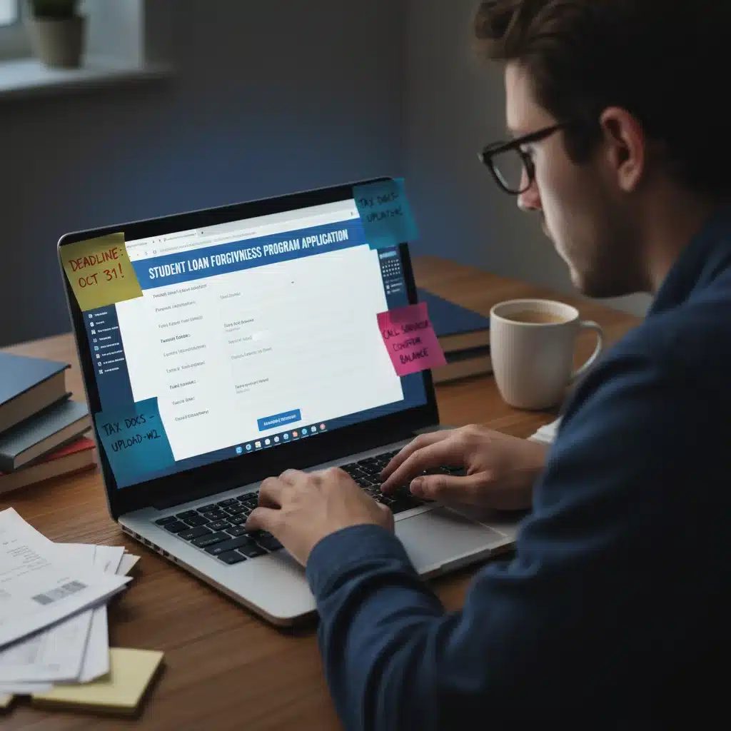 Individual meticulously completing an online student loan forgiveness application