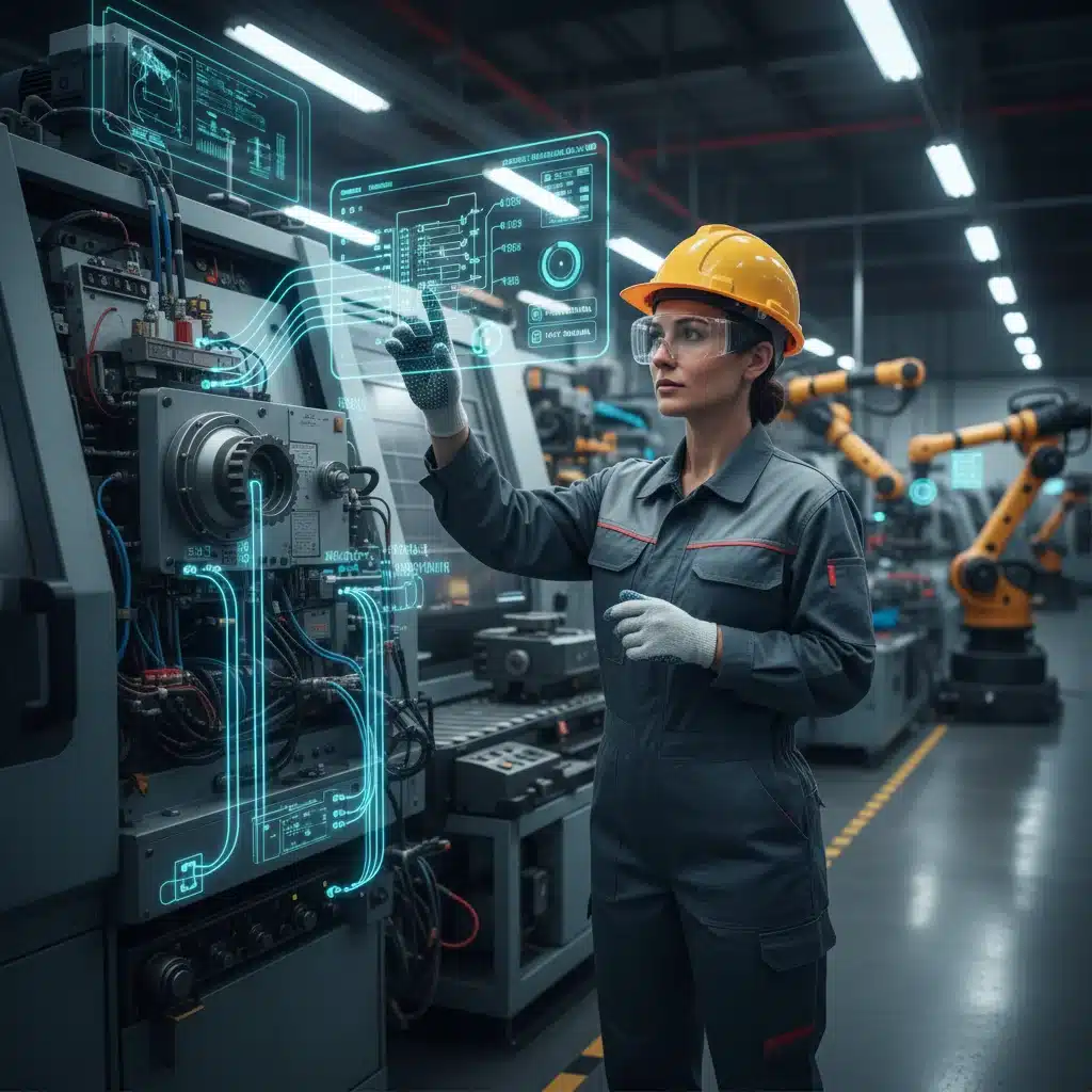 Factory technician using augmented reality for machine maintenance and diagnostics.