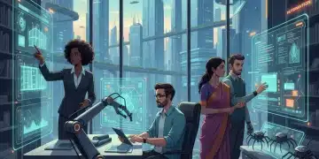 Automation's Impact: New Jobs & Skills in US Service Sectors by 2026 Professionals working with AI and robots in a modern office, symbolizing automation's role in US service sectors.