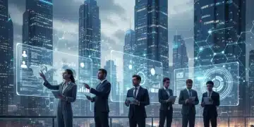 Professionals interacting with blockchain data in diverse industries, symbolizing future job growth.