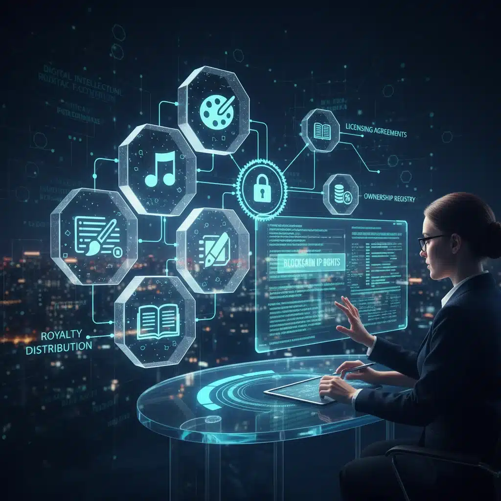 Managing intellectual property rights and royalties using blockchain technology.