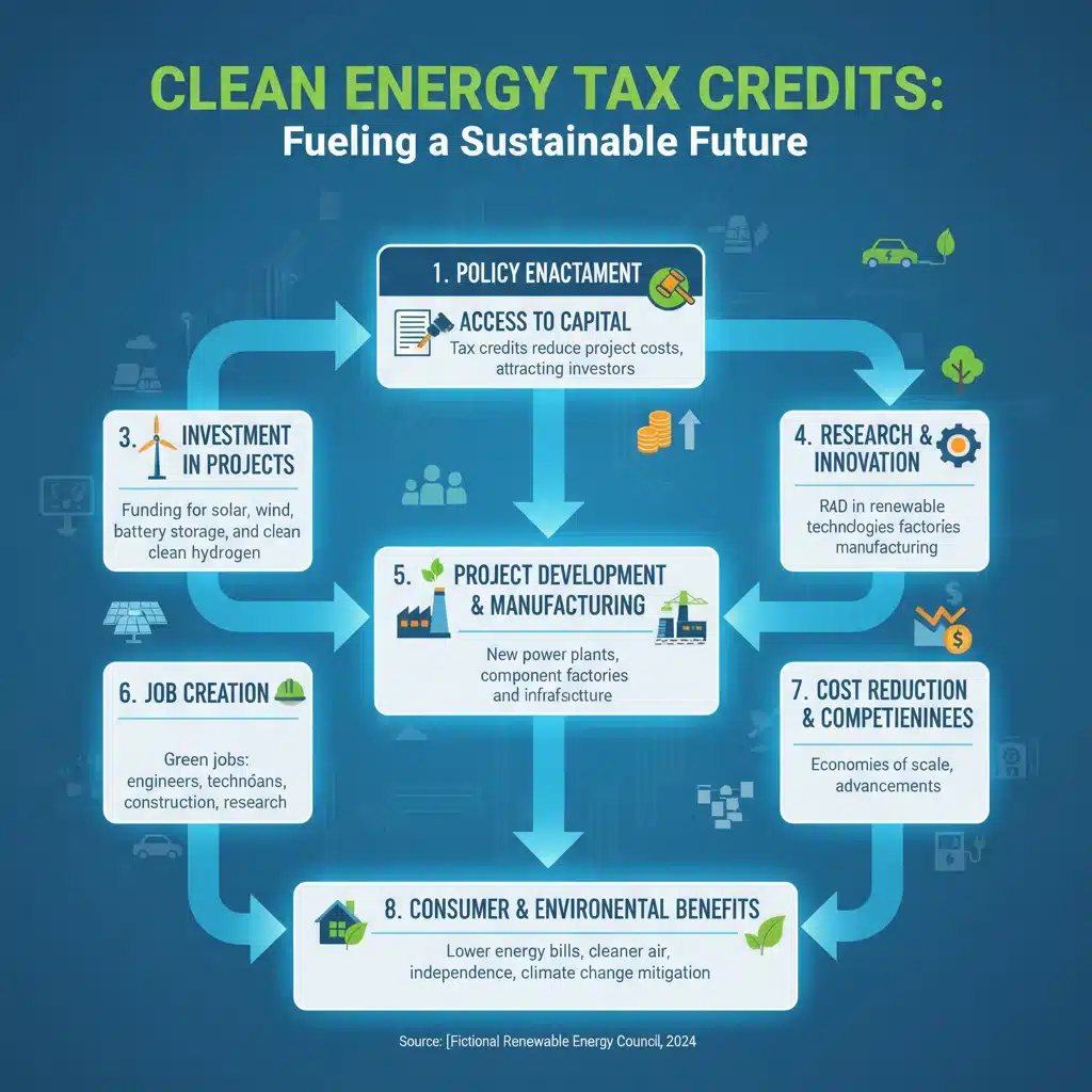 Infographic illustrating the economic impact and flow of clean energy tax credits.