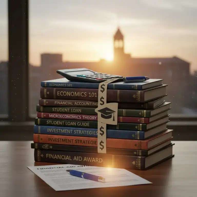 College textbooks, calculator, and pen representing FAFSA financial aid planning for higher education.
