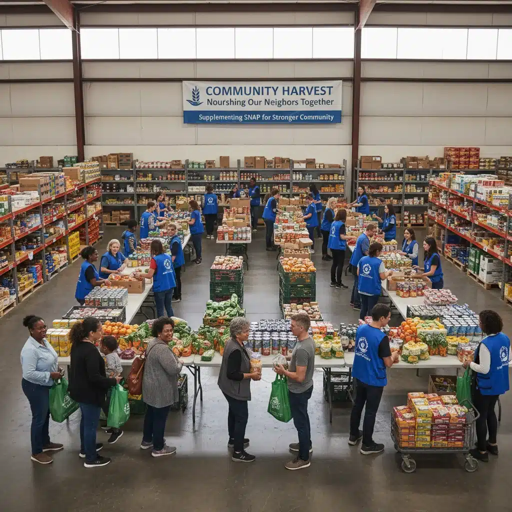 Community food bank with volunteers and beneficiaries, showcasing food distribution.