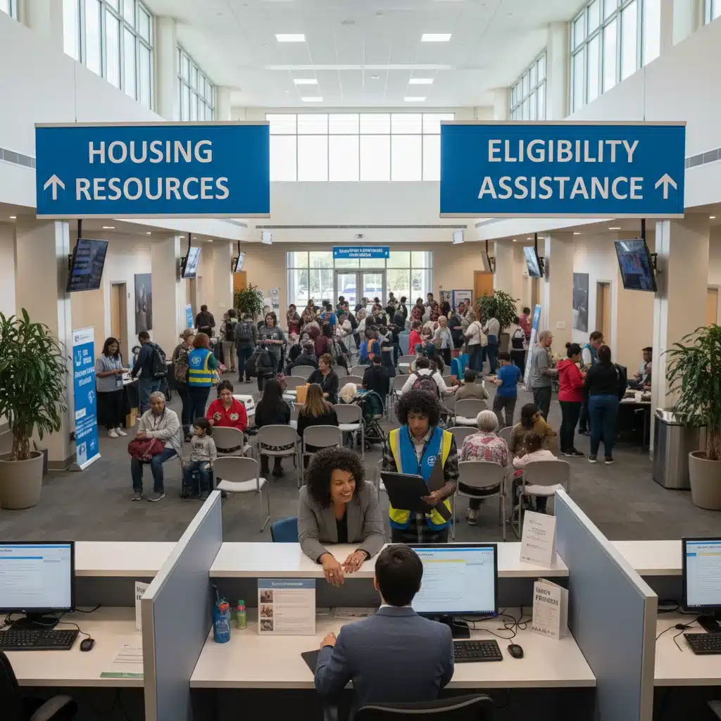 People at a community center seeking housing resources and eligibility information