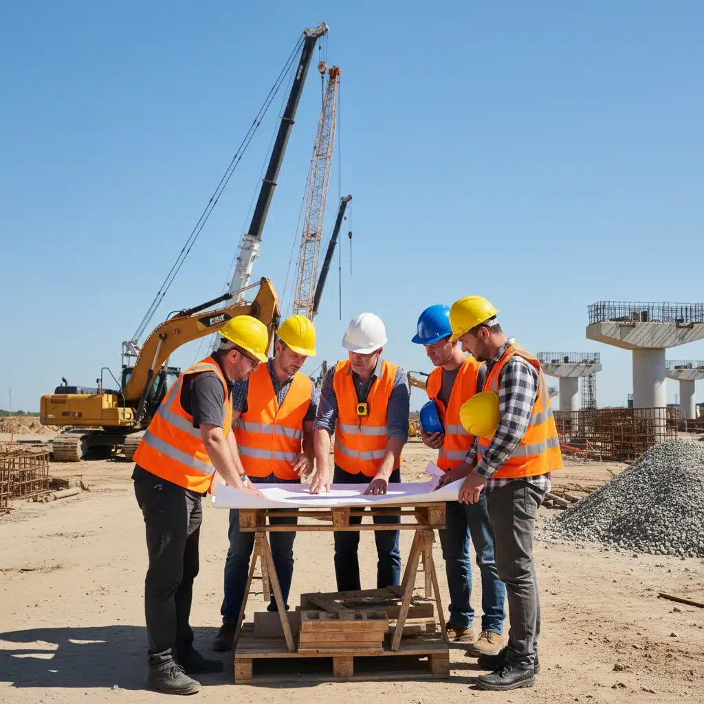 Construction workers reviewing blueprints for a new bridge project with heavy machinery in the background.