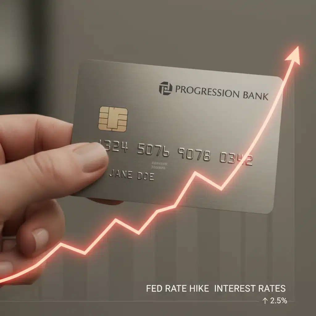 Hand holding credit card with rising interest rate graph.