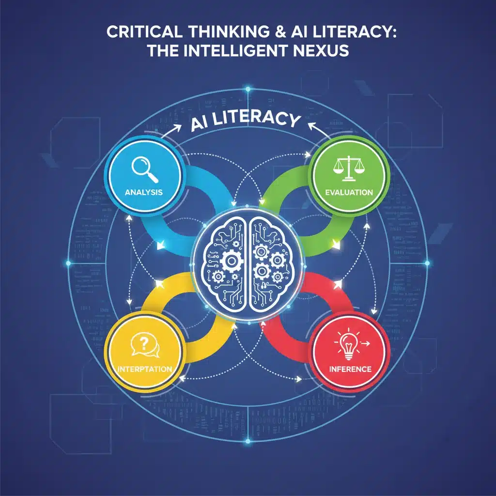 Infographic showing critical thinking components interconnected with AI literacy, brain icon.