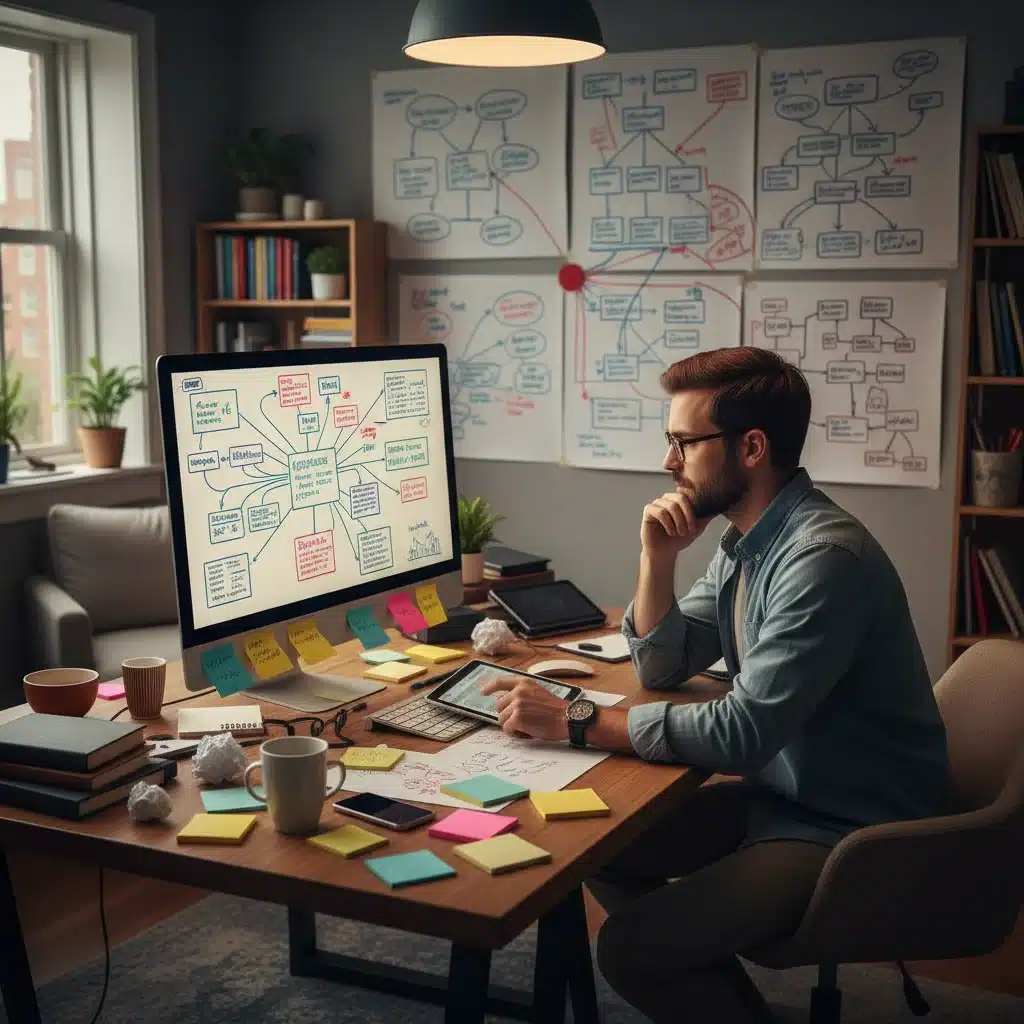 Person engaged in critical thinking and problem-solving at a desk