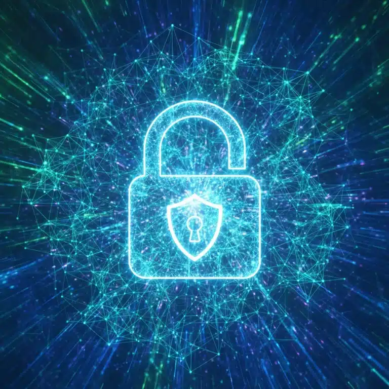 Digital lock icon with glowing network lines representing cybersecurity compliance