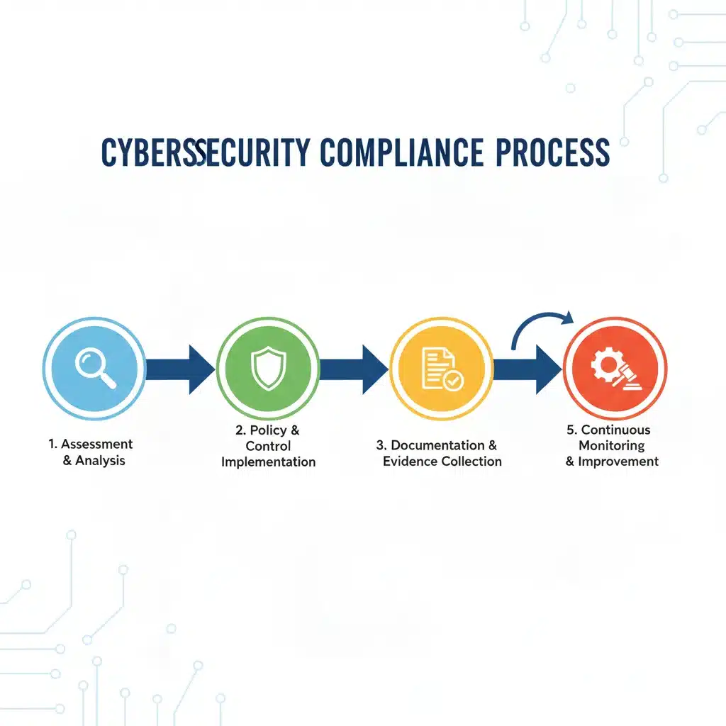 Flowchart illustrating the 5 steps to cybersecurity compliance