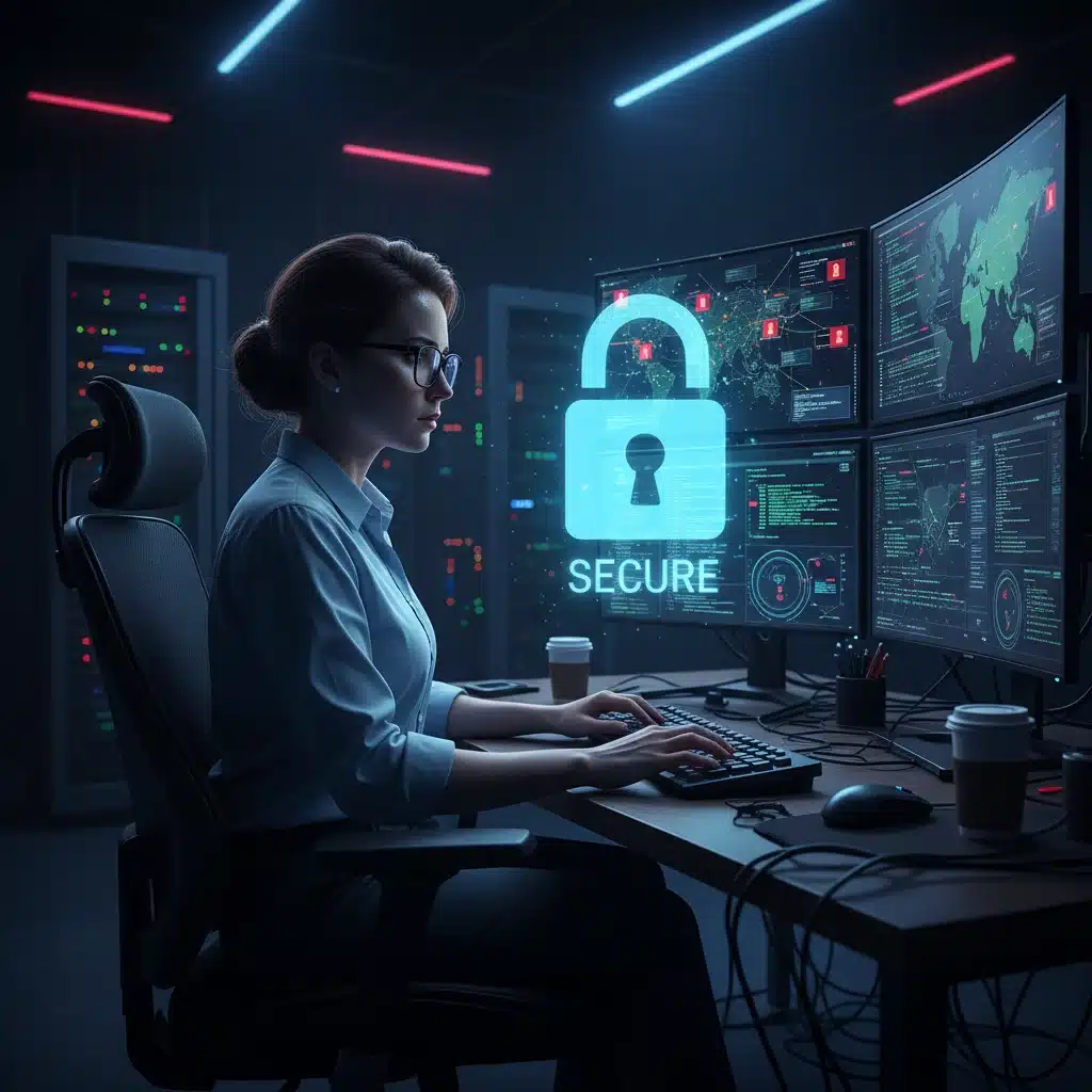 Cybersecurity expert monitoring network threats and security systems