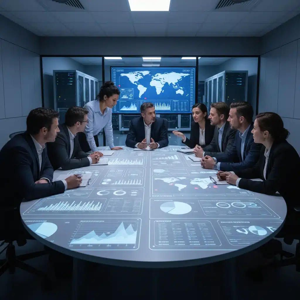 Team collaborating on cybersecurity strategy and threat intelligence dashboard