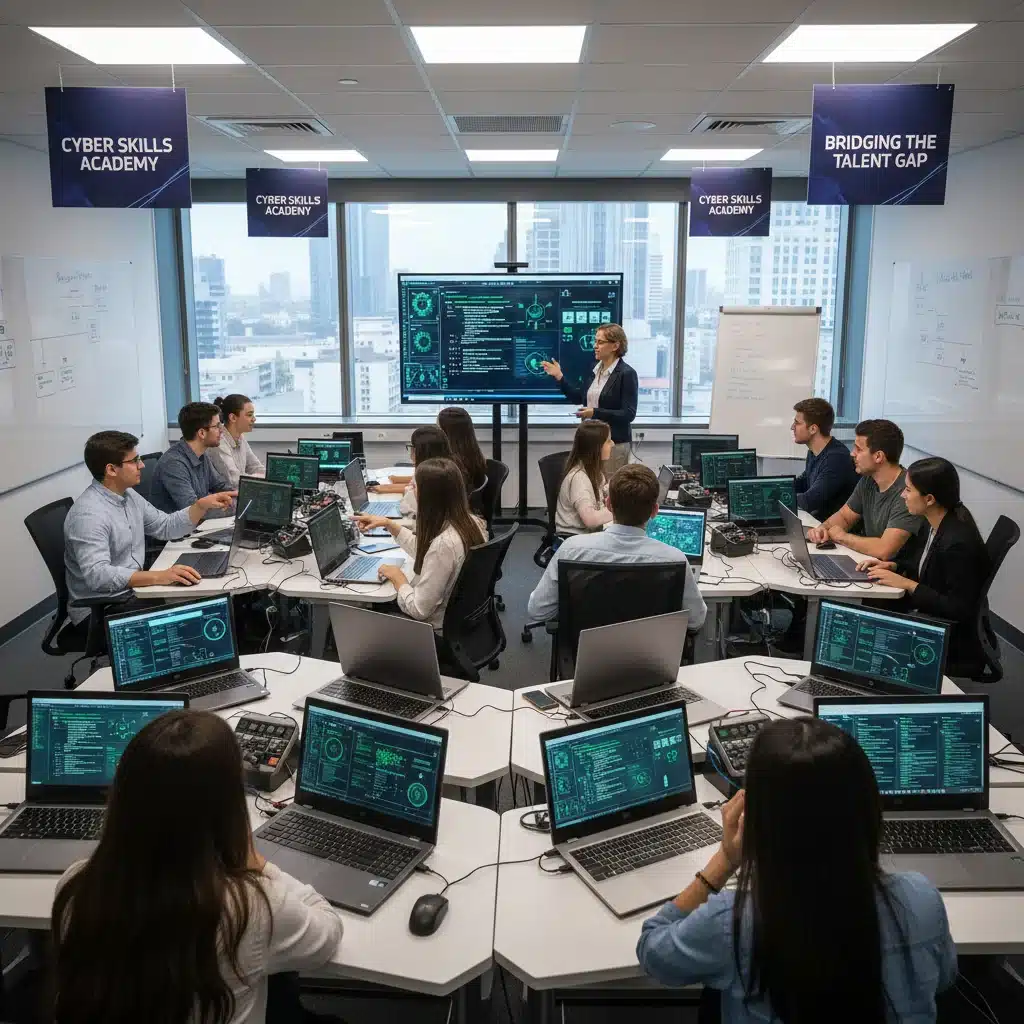 Diverse students engaged in a hands-on cybersecurity workshop, symbolizing skill development and training.
