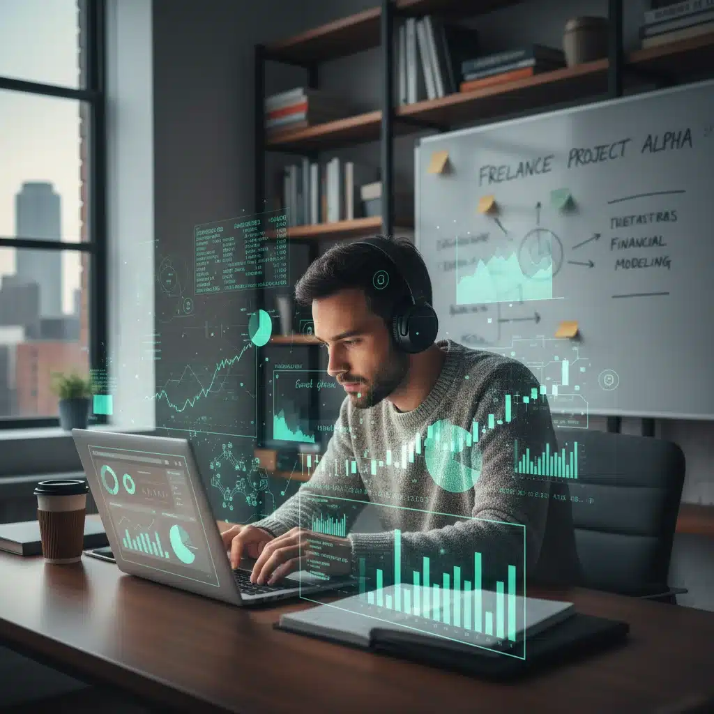 Freelancer analyzing data on a laptop, demonstrating expertise in data analytics for gig work.