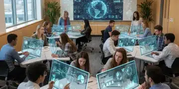 Students and teachers collaborating on data visualization projects in a modern classroom.