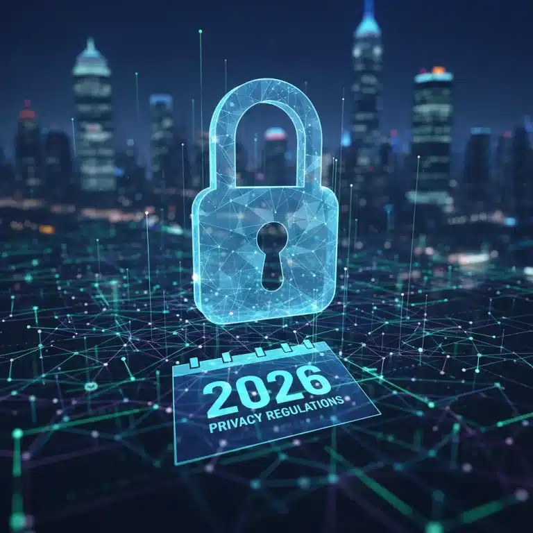 Futuristic digital lock symbolizing data privacy laws 2026
