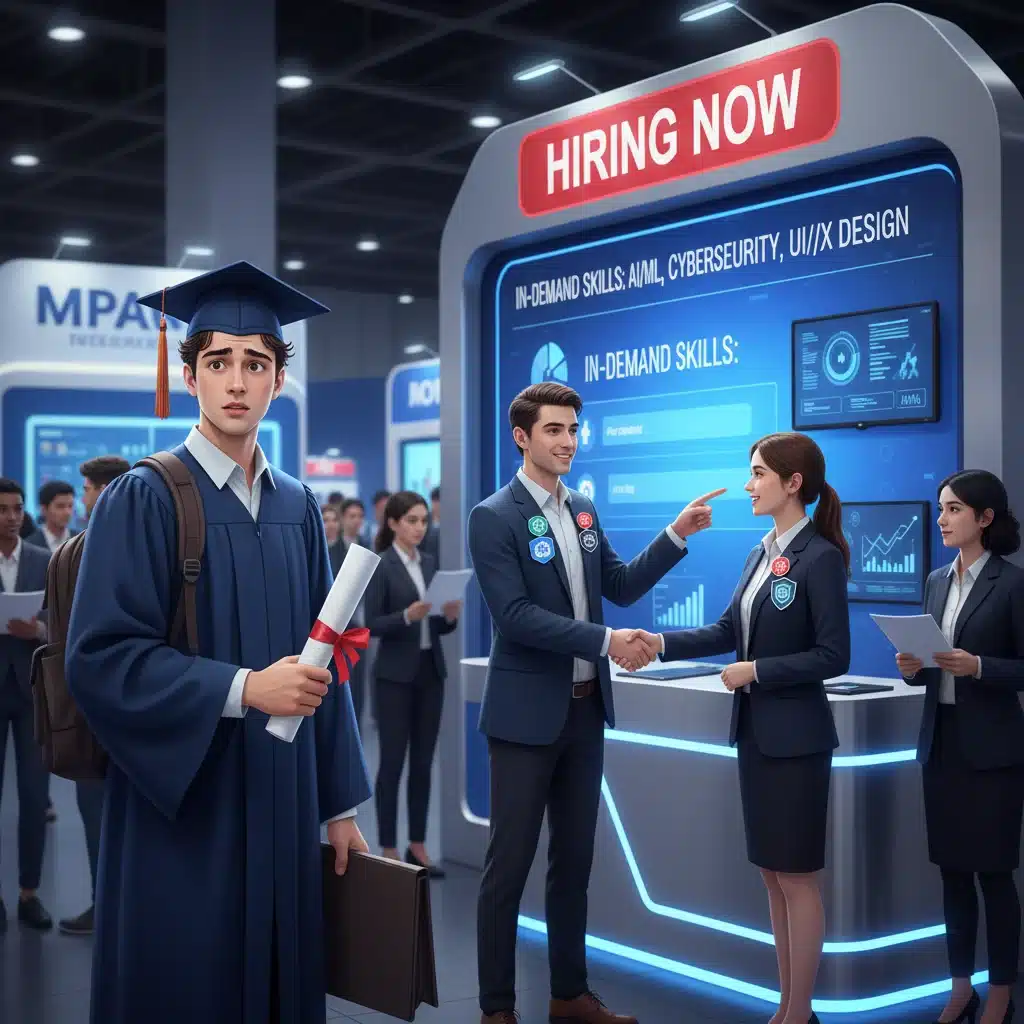 Graduate with diploma and professional with micro-credentials at a job fair, contrasting career paths.