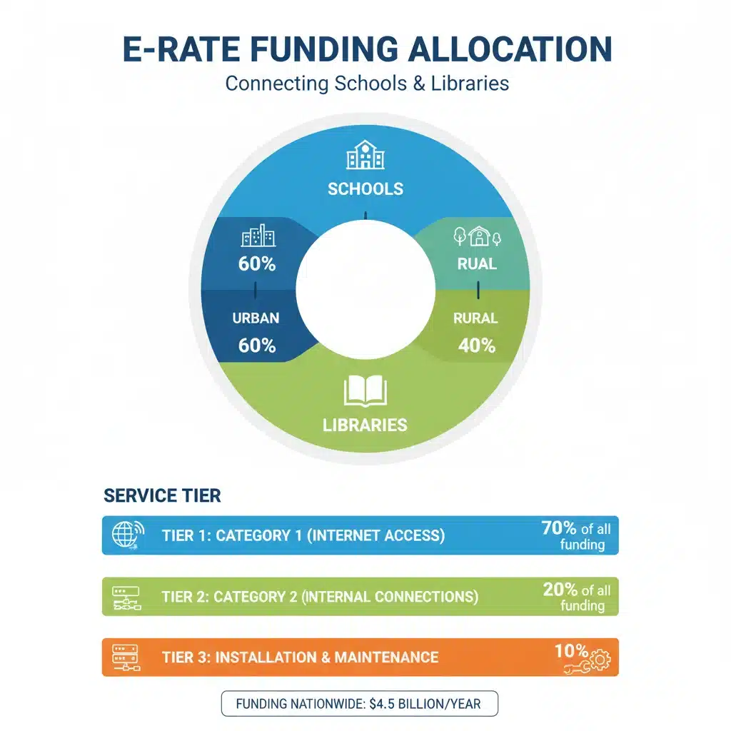 Infographic detailing E-Rate program funding allocation for schools and libraries, showcasing urban and rural distribution.
