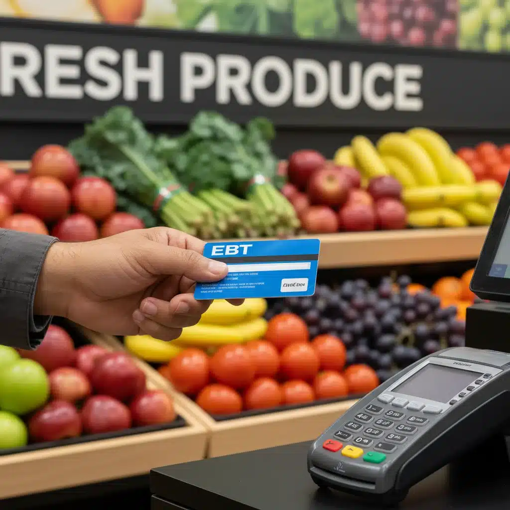 Hand holding EBT card at grocery store checkout with fresh produce.