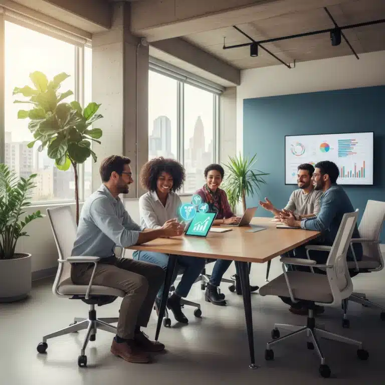 Happy diverse employees discussing modern benefits in a bright office