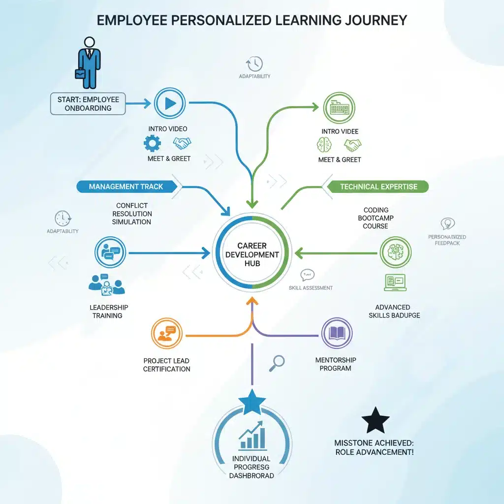 Infographic showing an employee's personalized learning journey with branching paths.