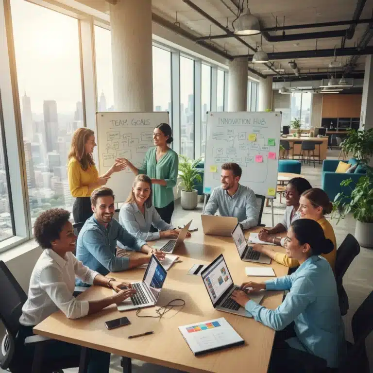 Diverse team collaborating in modern office, symbolizing high employee retention