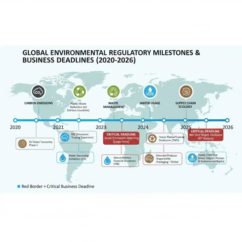 Infographic timeline of 2026 environmental regulation milestones for businesses.