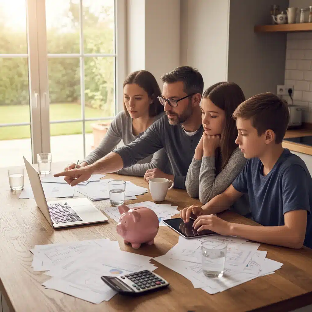 Family discussing personal finances and future planning.