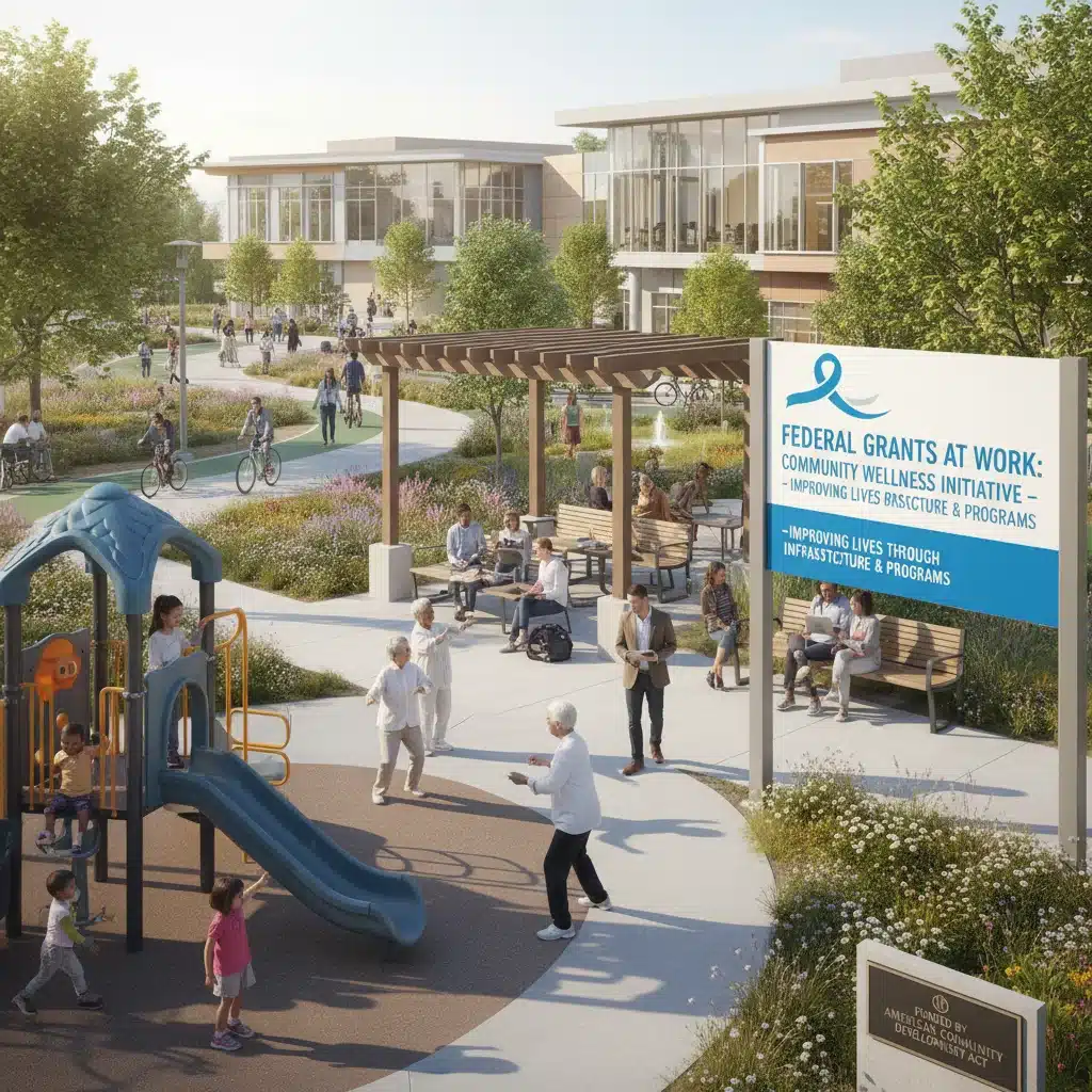 Diverse citizens benefiting from public services in a modern community space, symbolizing the impact of federal funding on daily life.