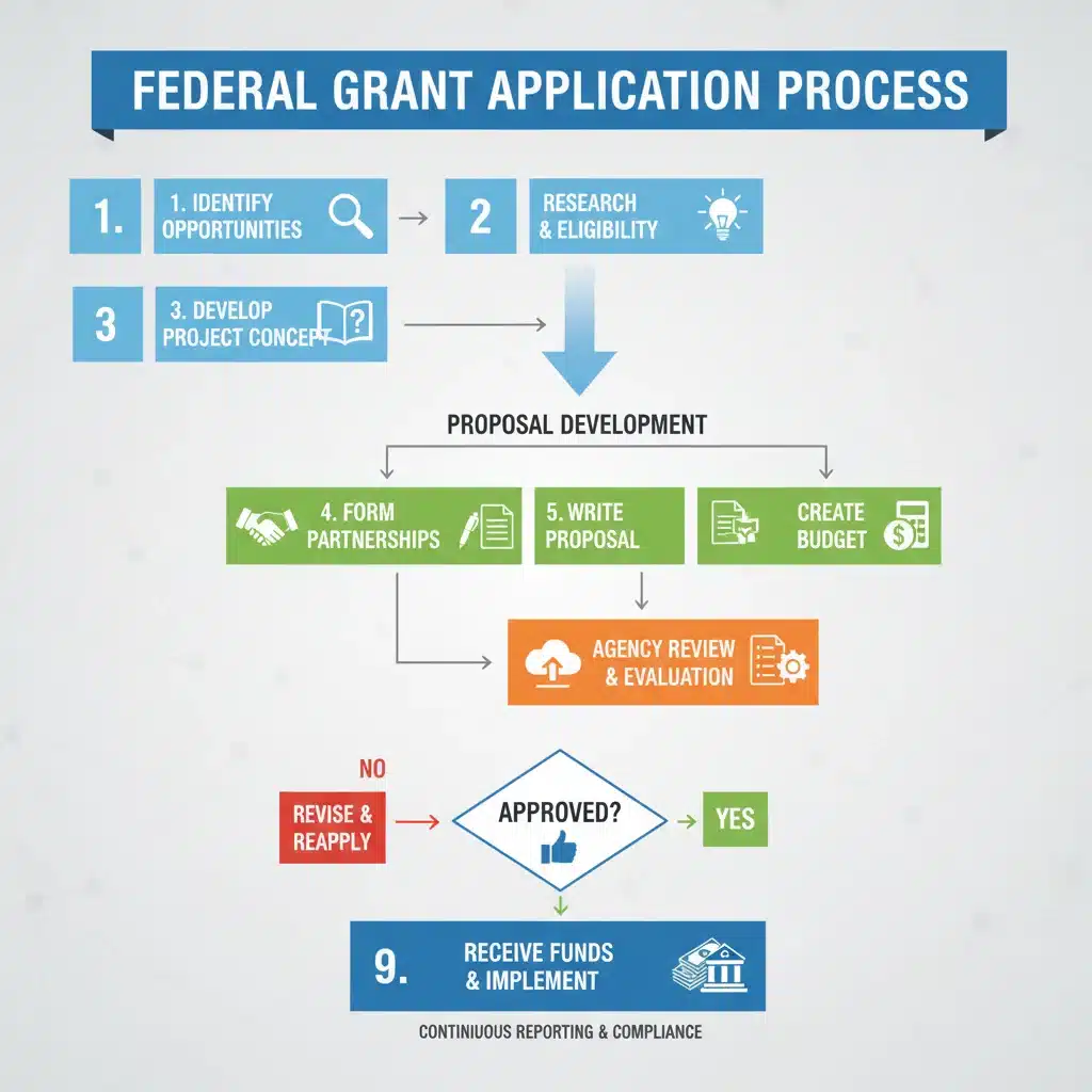 Infographic detailing the federal grant application process steps